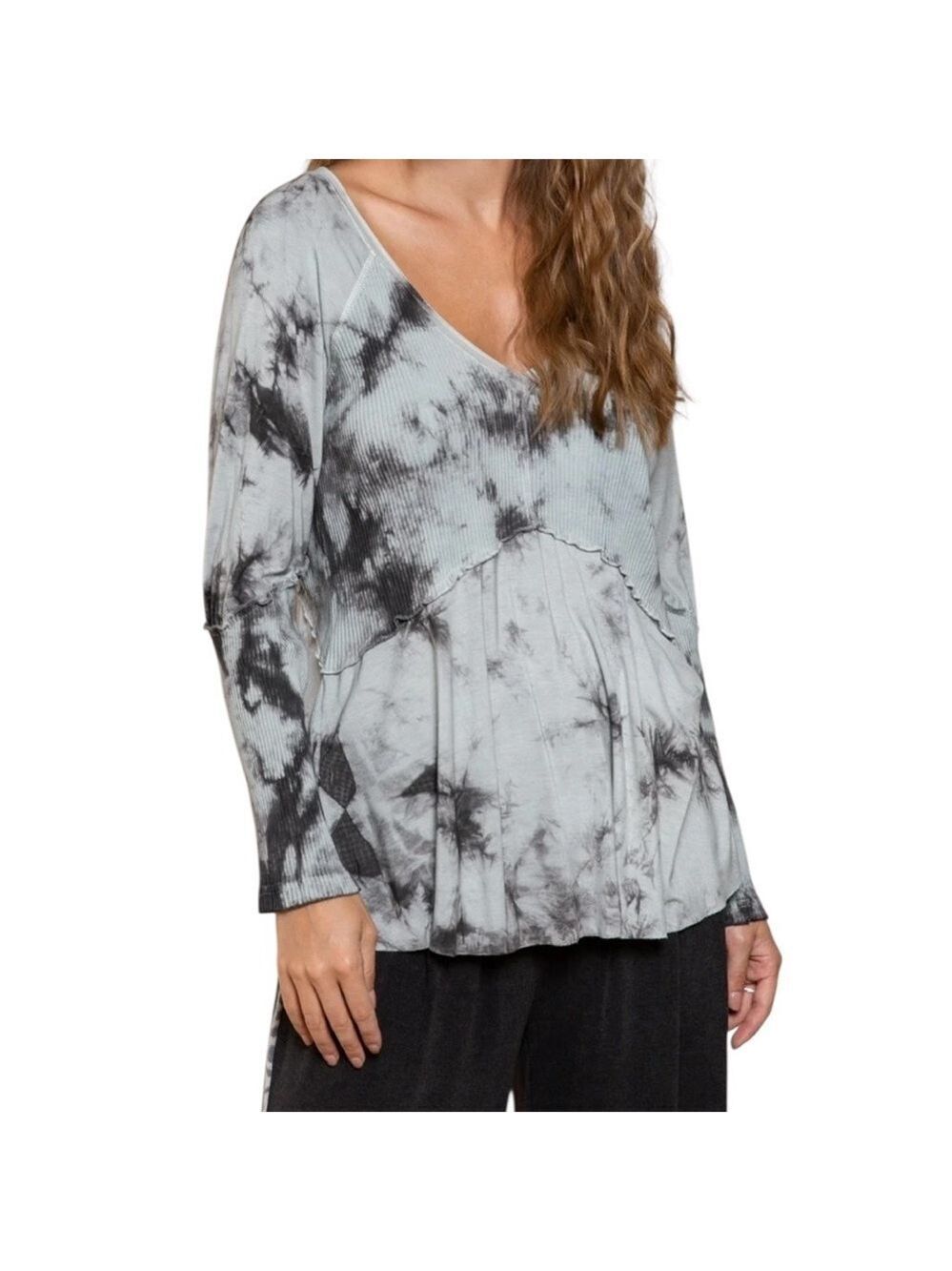POL Tie Dyed Long Sleeve Tunic Deep V Neck Ribbed Top Super Stretchy Size 2X